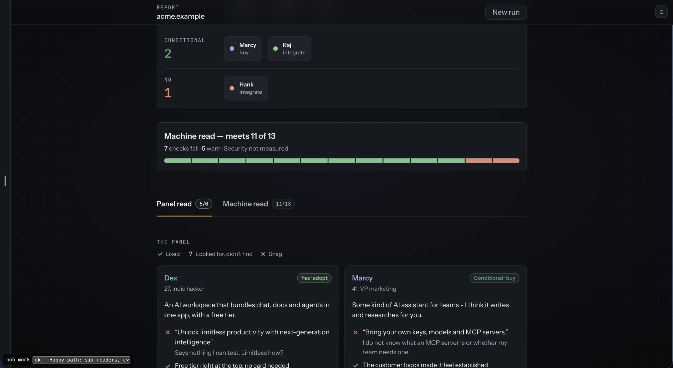 Report summary: panel verdict and machine checks